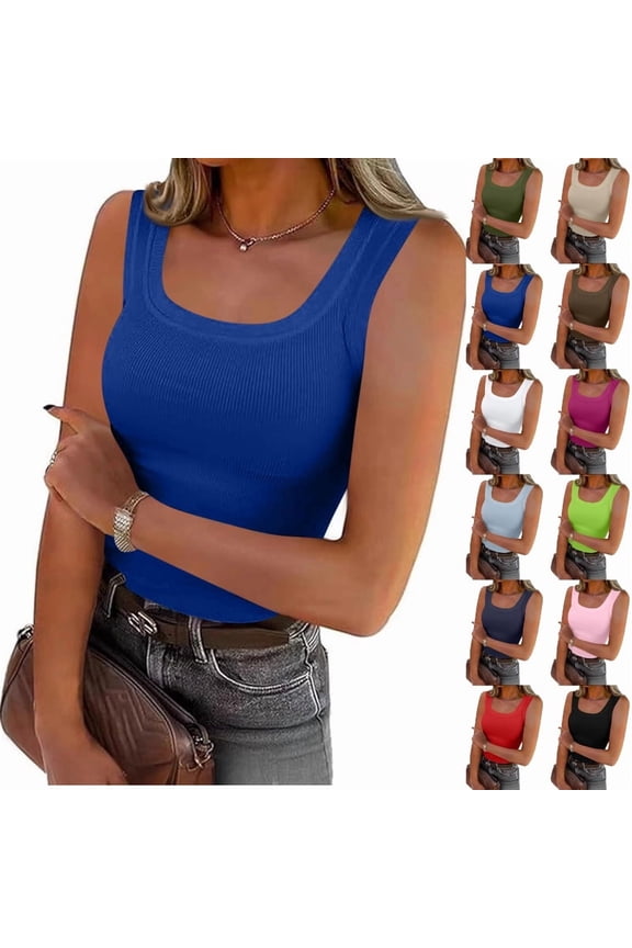 Summer Womens Tank Tops 2026 Scoop Neck Slim Fitted Sleeveless Shirts for Women Ribbed Basic Top,Royal Blue M