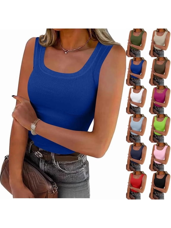 Summer Womens Tank Tops 2026 Scoop Neck Slim Fitted Sleeveless Shirts for Women Ribbed Basic Top,Royal Blue XL