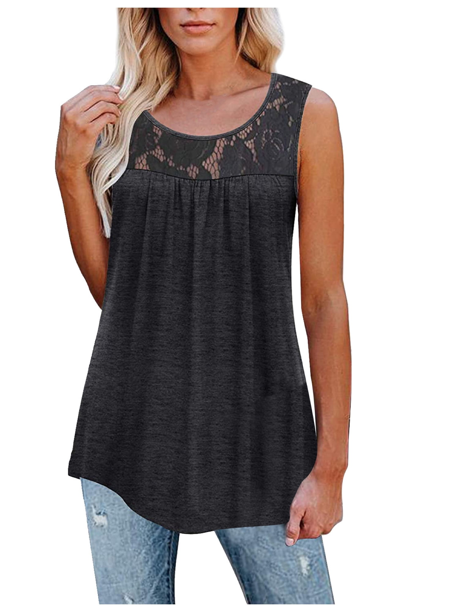 Women's V Neck Lace Trim Tank Top - Sleeveless Blouse, Casual Loose Fit, 95% Polyester 5% Spandex - View #10