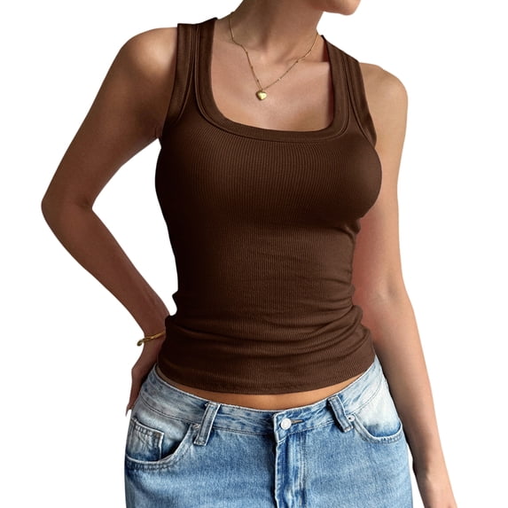 Summer Womens Tank Tops Square Neck Fitted Sleeveless Shirts for Women Ribbed Basic Top Brown S