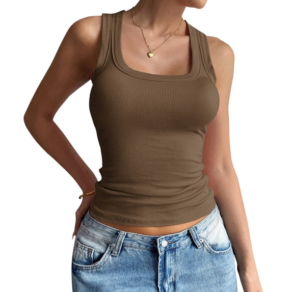 Summer Womens Tank Tops Square Neck Fitted Sleeveless Shirts for Women Ribbed Basic Top Camel Color M
