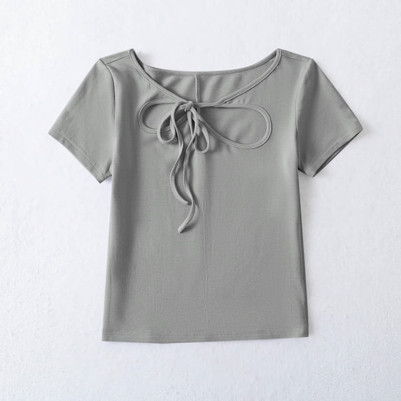 Summer Womens Tee Shirts Casual Round Neck Solid Color Short Sleeve Loose Fitting Tops Fashion Clothes - Gray∣S