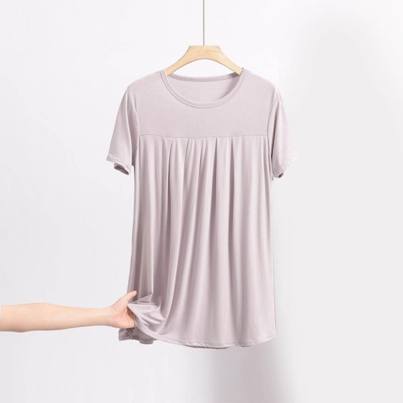 Summer Womens Tee Shirts Casual Round Neck Solid Color Short Sleeve Loose Fitting Tops Fashion Clothes - Khaki∣2XL