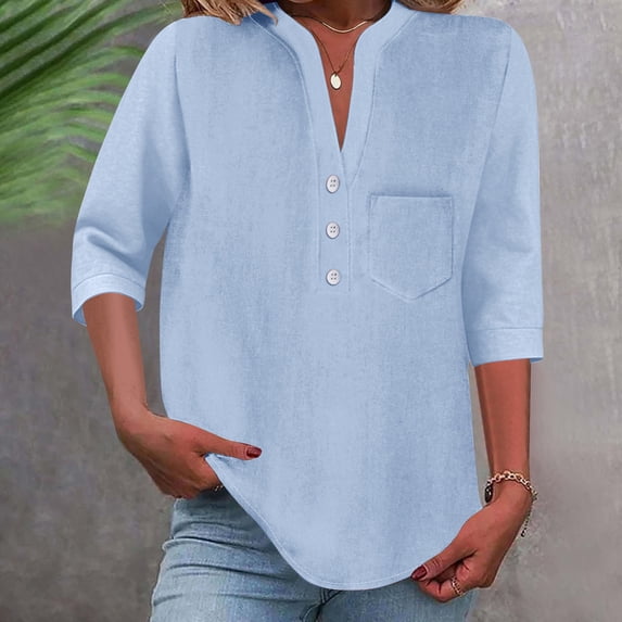 Summer Womens Tee Shirts Looses Button Female-Neck Solid Color With Pocket Loose Fitting Tops Fashion Clothes - Light Blue∣2XL