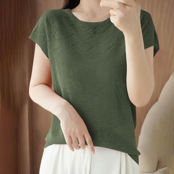Summer Womens Tee Shirts Short Sleeve Solid Color Knit Casual Round-Neck Loose Fitting Tops Fashion Clothes - Green∣2XL