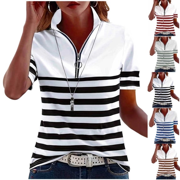 Summer Womens Tops Quarter Zip Pullover Plus Size T-shirts Striped Short Sleeve Zipper Lapel Neck Shirts S-3XL (XL, Black)
