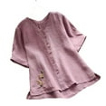 thumbnail image 1 of Summer Womens Tops 2025 Cotton and Linen Plus Size Spring Printed Casual Loose T-Shirt Short Sleeve V-Neck Embroidery Button Tops Cotton And Linen Blouse, 1 of 9
