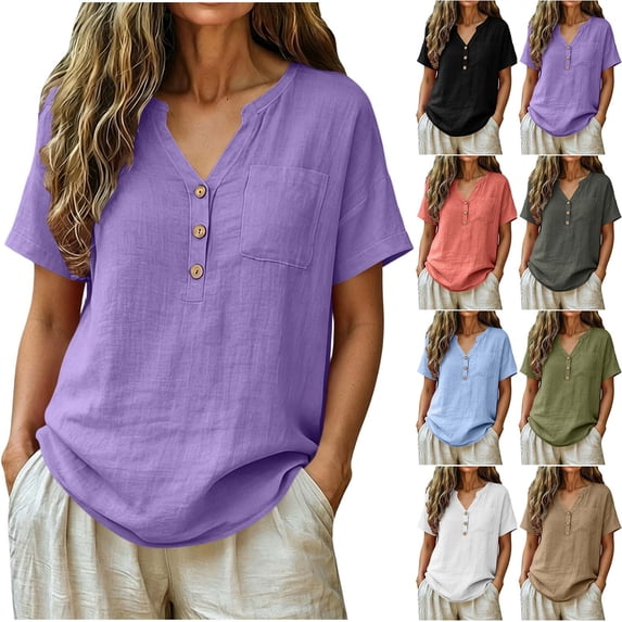 Summer Womens Tops 2025 Cotton and Linen Plus Size Casual Tops V-Neck Bandage Short Sleeve T-Shirts And Linen Blouse