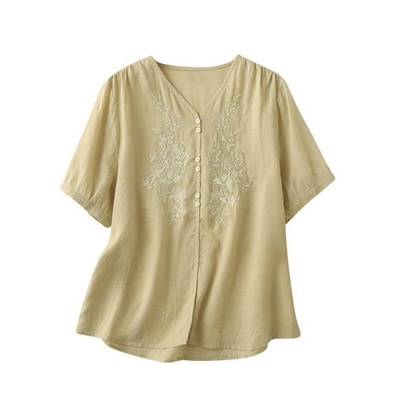 Summer Womens Tops 2025 Cotton and Linen Plus Size Embroidered Blouses Button Up T-Shirt Short Sleeved V-Neck Top