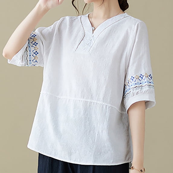 Summer Womens Tops 2025 Cotton and Linen Plus Size Solid Color Button Half V-neck Shirt Short Sleeved V-neck Shirt