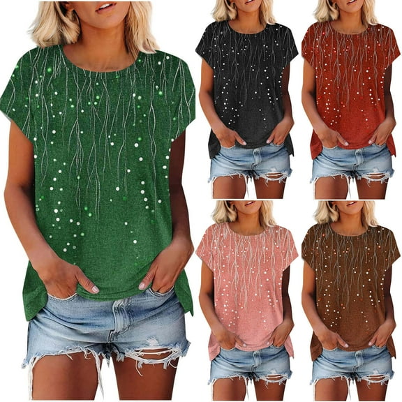 Summer Womens Tops 2025 Fashion Plus Size Casual Short Sleeve Round Neck Print Ladies Blouse