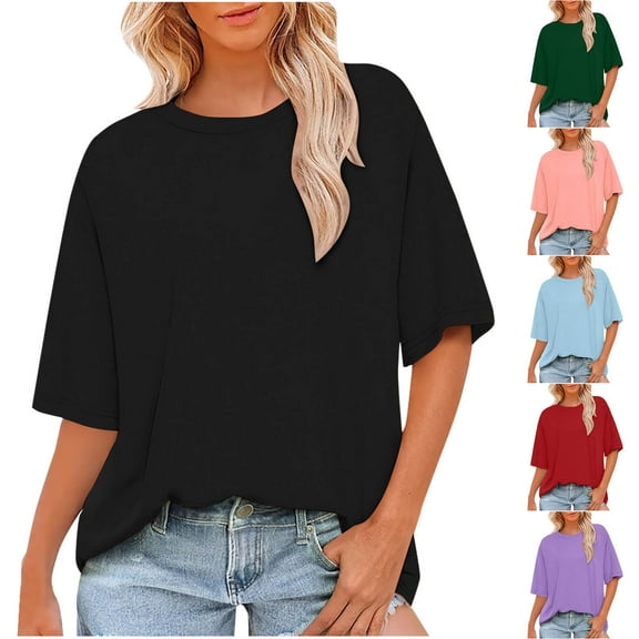 Summer Womens Tops 2025 Fashion Plus Size Casual Short Sleeve Solid Color Ladies Round Neck Top Blouse