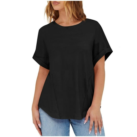Summer Womens Tops 2025 Fashion Plus Size Casual Solid Color Round Neck Loose Short Sleeve T-shirt Top Blouses
