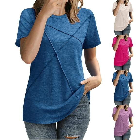Summer Womens Tops 2025 Fashion Plus Size New Casual Solid Color Short Sleeved Round Neck Top/shirt