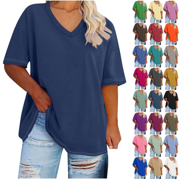Summer Womens Tops 2025 Oversized V-neck Short Sleeved Solid Summer Base Shirt Sports T-shirt 50% off!
