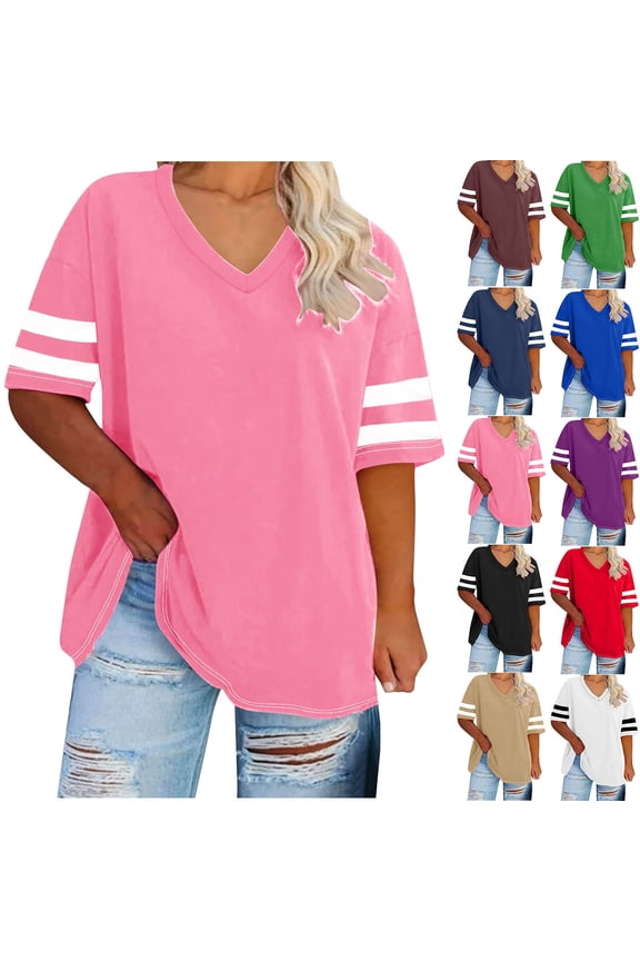 Summer Womens Tops 2025 Oversized V-neck Short Sleeved Solid Summer Base Shirt Sports T-shirt Up to 65% off!