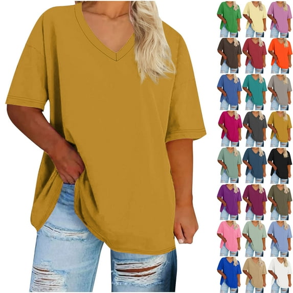 Summer Womens Tops 2025 Oversized V-neck Short Sleeved Solid Summer Base Shirt Sports T-shirt