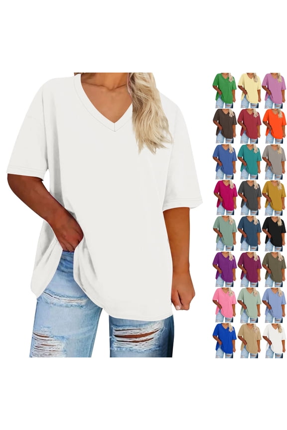 Summer Womens Tops 2025 Plus Size V-neck Short Sleeved Solid Summer Base Shirt Sports T-shirt