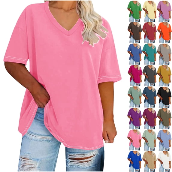 Summer Womens Tops 2025 Plus Size V-neck Short Sleeved Solid Summer Base Shirt Sports T-shirt