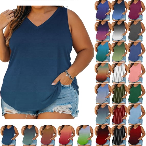 Summer Womens Tops 2026 Fashion Plus Size Casual Comfortable Printed Sleeveless V-Neck Blouse Tank Tops