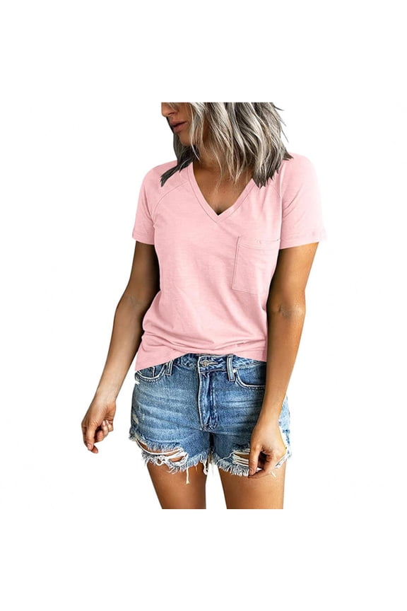 Summer Womens Tops 2026 Fashion Plus Size V-neck Raglan Shoulder Split Short-Sleeved Solid Color Casual T-shirts Fashion Blouses