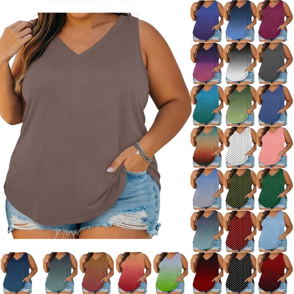 Summer Womens Tops 2026 Plus Size Fashion Casual Comfortable Solid Color Sleeveless V-Neck Blouse Tank Tops