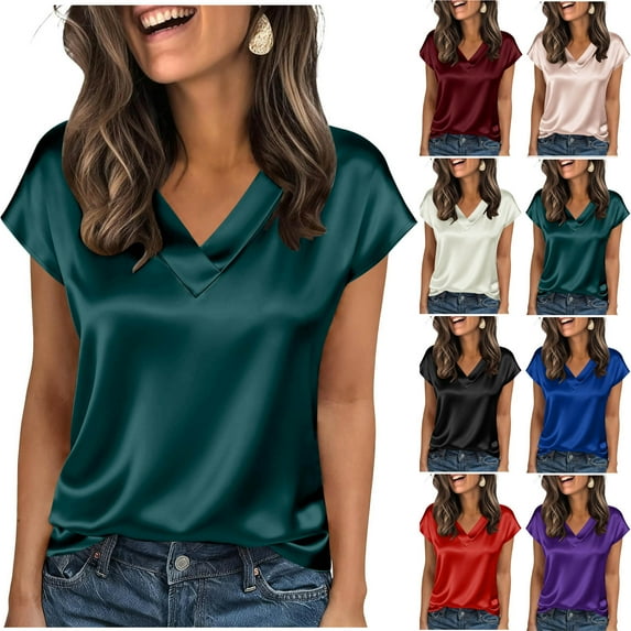 Summer Womens Tops 2026 Plus Size Fashion Solid Color Leisure T-shirt V-neck Leisure Tops Satin Shirts