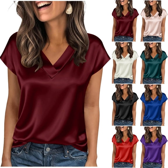 Summer Womens Tops 2026 Plus Size Fashion Solid Color Leisure T-shirt V-neck Leisure Tops Satin Shirts