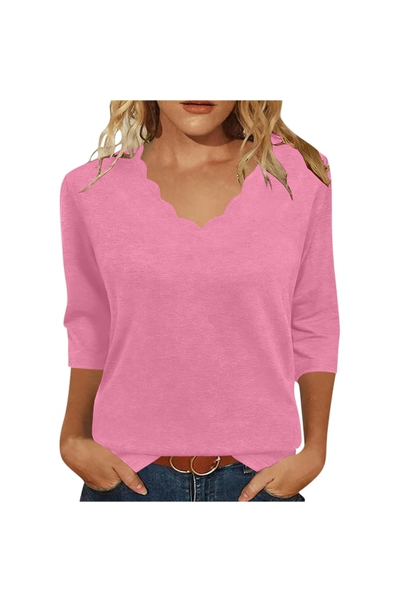 Summer Womens Tops Casual Relaxed Fashionable Wave-shaped Neckline 3/4 Sleeve Top