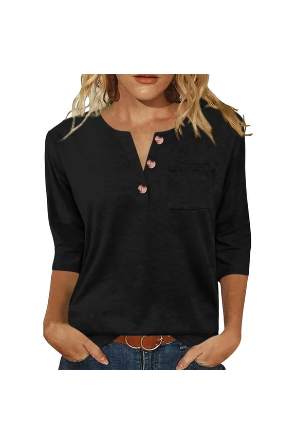 Summer Womens Tops Casual Relaxed Fashionable Wave-shaped Neckline 3/4 Sleeve Top