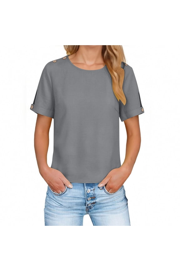 Summer Womens Tops Shirts 2026 Fashion Plus Size Solid Color Long-sleeved Round Neck Button Cuff Open Pullover T-shirt