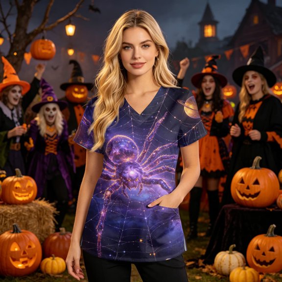 Summer Womens Tops V Neck Halloween Scrub Top Short Sleeve Castle Medical Nursing Uniforms