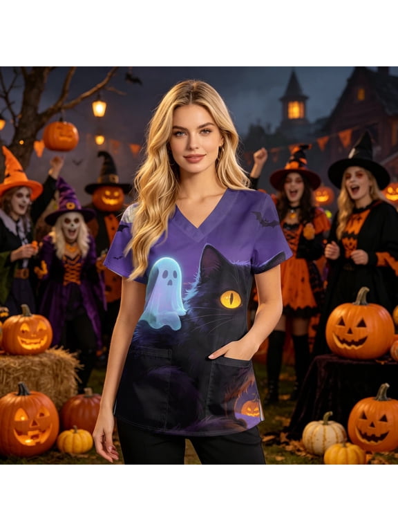 Summer Womens Tops V Neck Halloween Scrub Top Short Sleeve Castle Medical Nursing Uniforms