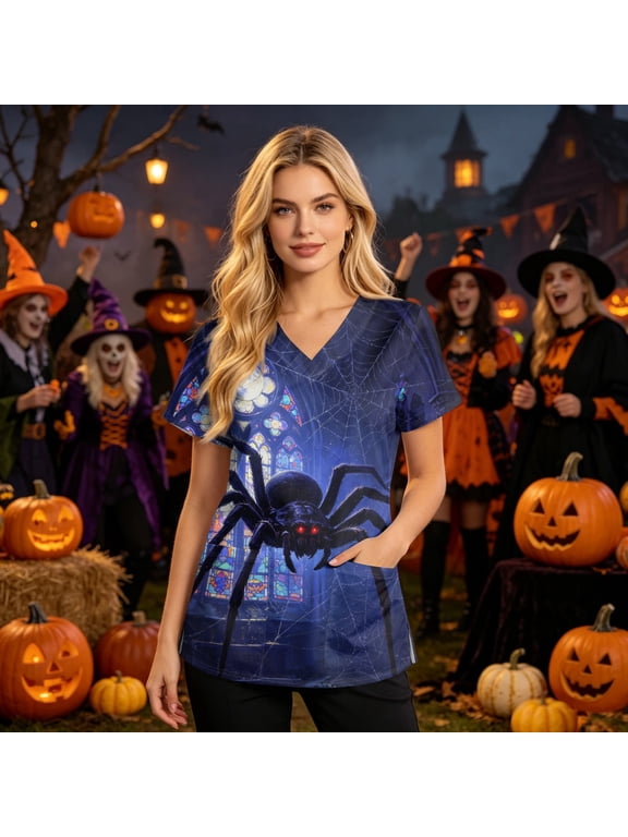 Summer Womens Tops V Neck Halloween Scrub Top Short Sleeve Pumpkin Medical Nursing Uniforms