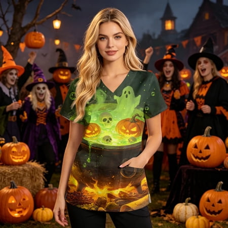 Fshiont Summer Womens Tops V Neck Halloween Scrub Top Short Sleeve Pumpkin Medical Nursing Uniforms