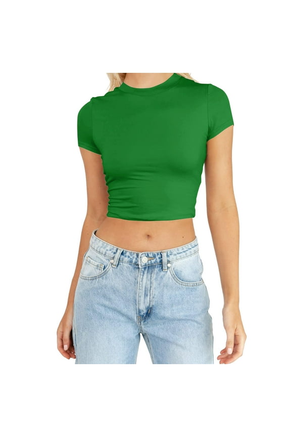 Summer Womens Tshirt Short Sleeve Cute Crop Top Basic Crewneck Slim Fit Casual Top Blouse Army Green M