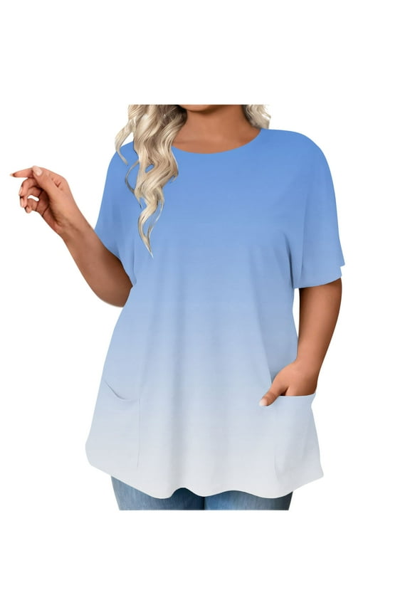 Summer Womens Tunic Tops for Leggings with Pockets Ombre Short Sleeve Casual Long T Shirts Plus Size
