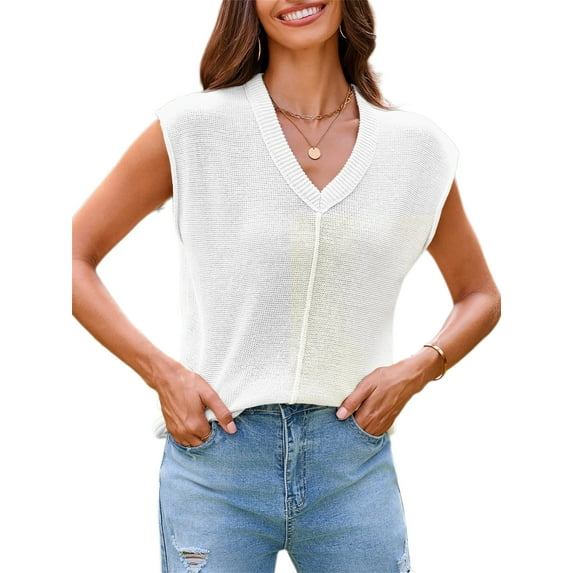 Summer Womens V Neck Cap Sleeve Tops Casual Loose Fit Knit Lightweight Going Out Sweater Pullover Top