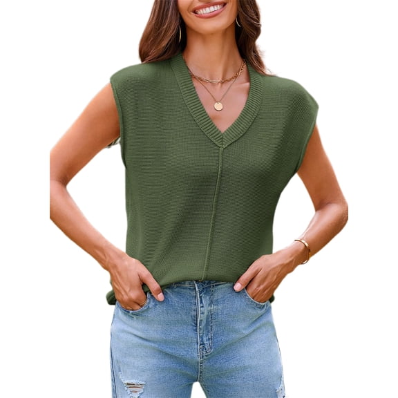 Summer Womens V Neck Cap Sleeve Tops Casual Loose Fit Knit Lightweight Going Out Sweater Pullover Top