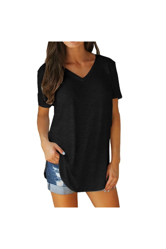 Summer Womens V Neck Short Sleeved Loose T Shirt with Arc Hem Large Size Solid Color Top Fashion