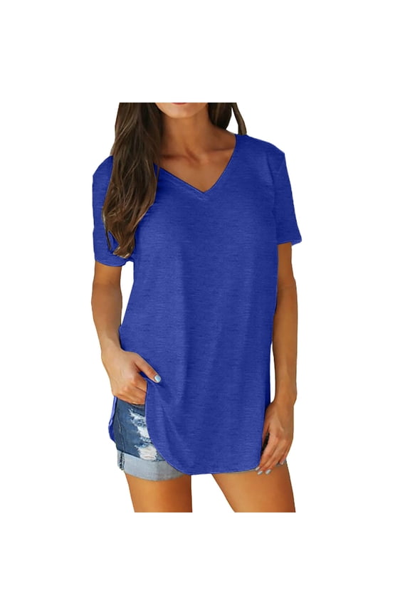Summer Womens V Neck Short Sleeved Loose T Shirt with Arc Hem Large Size Solid Color Top Fashion