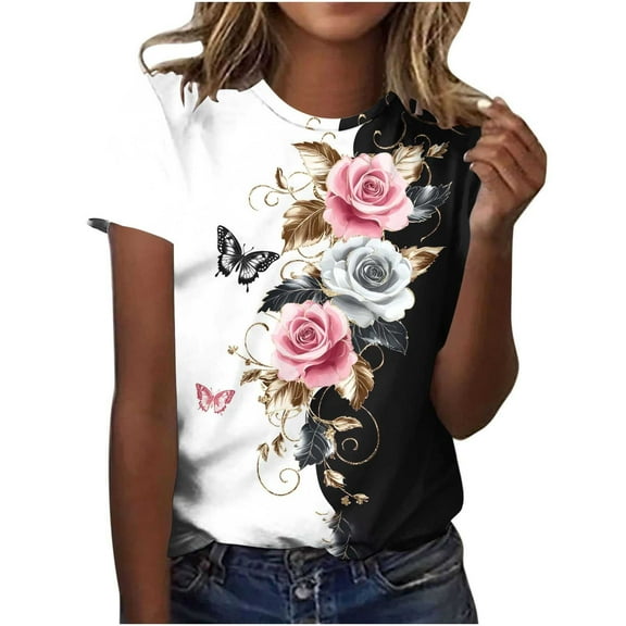 Summer Womens Vintage Tops Retro Cute Floral Print Tshirt Round Neck 3/4 Sleeve Shirts Pullover Petite Tunics Blouse Plus Size Loose Fitted Tee Shirts Dressy Casual Tunic Tshirts 2025 Spring