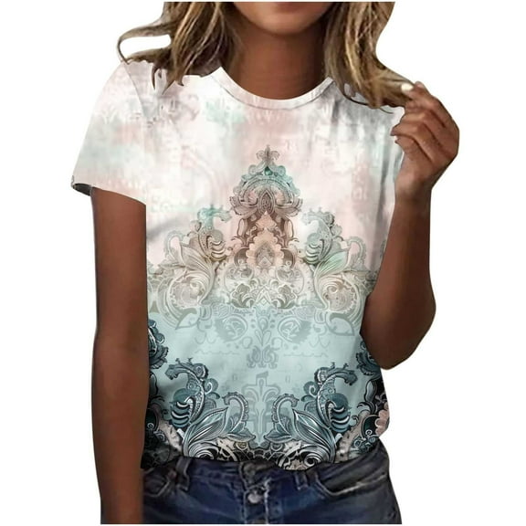 Summer Womens Vintage Tops Retro Cute Floral Print Tshirt Round Neck 3/4 Sleeve Shirts Pullover Petite Tunics Blouse Plus Size Loose Fitted Tee Shirts Dressy Casual Tunic Tshirts 2025 Spring
