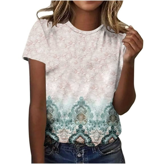 Summer Womens Vintage Tops Retro Cute Floral Print Tshirt Round Neck 3/4 Sleeve Shirts Pullover Petite Tunics Blouse Plus Size Loose Fitted Tee Shirts Dressy Casual Tunic Tshirts 2025 Spring