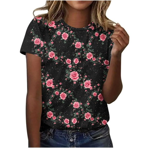 Summer Womens Vintage Tops Retro Cute Floral Print Tshirt Round Neck 3/4 Sleeve Shirts Pullover Petite Tunics Blouse Plus Size Loose Fitted Tee Shirts Dressy Casual Tunic Tshirts 2025 Spring