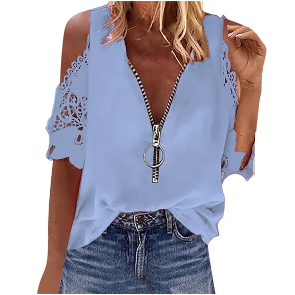 Summer Womens Zipper V Neck Tunic Tshirt Batwing Short Sleeve Casual Loose Fit Fashion Oversized Blouses Tops Shirts