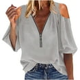 thumbnail image 1 of Summer Womens Zipper V Neck Tunic Tshirt Batwing Short Sleeve Casual Loose Fit Fashion Oversized Blouses Tops Shirts, 1 of 5
