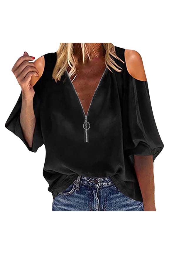 Summer Womens Zipper V Neck Tunic Tshirt Batwing Short Sleeve Casual Loose Fit Fashion Oversized Blouses Tops Shirts