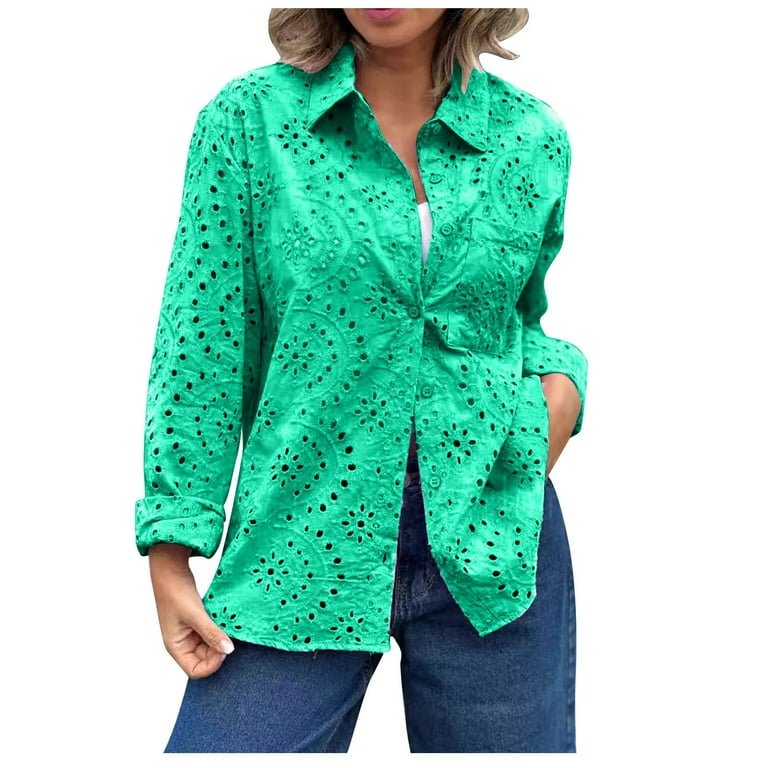 Summer Work Tops for Women Ladies Linen Shirt Long Sleeve Tee Shirts Plus Size Women s Tops Button Shirts Loose Fitting Shirts Solid Color Shirts Women s and Comfortable Polka Round Neck Top