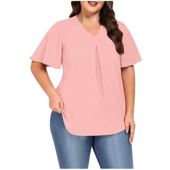 Summer Work Tops for Women V Neck Short Sleeve T Shirts Solid Color Dressy Casual Blouses Plus Size Tops for Curvy Women